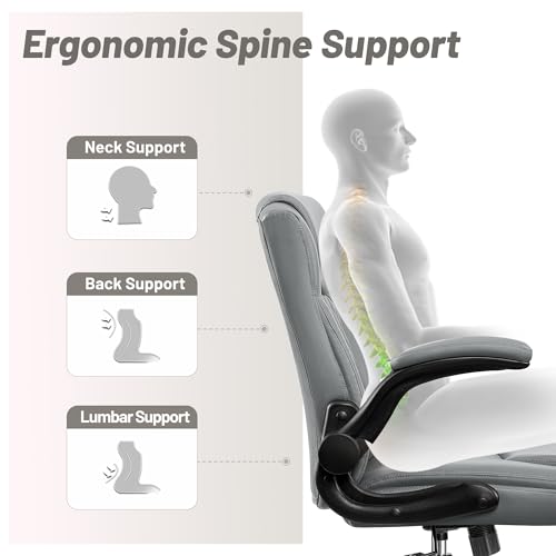 HeroSet Leather Office Chair, Ergonomic Home Office Desk Chair with Adjustable Flip-Up Arms and Lumber Support, Computer C...
