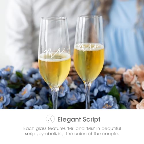 Pearhead Mr. & Mrs. Champagne Flute Set - Elegant His and Hers Wedding Toasting Glasses for Unforgettable Celebrations, Br...