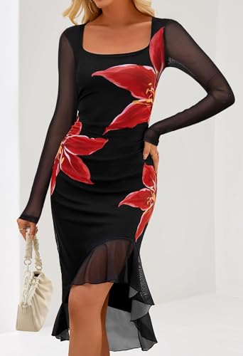 MEROKEETY Women's 2026 Wedding Guest Dress Bodycon Long Sleeve Square Neck Ruched Mesh Cocktail Party Holiday Midi Dresses