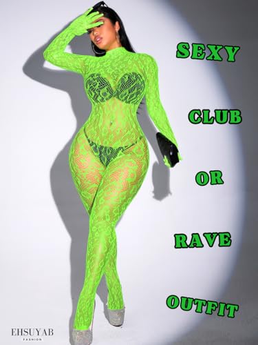 EHSUYAB Sexy Lace Leopard Jumpsuit For Women, Fishnet Bodysuit Glow Party Club, Poster One Piece Mesh Full Body Rave Outfits