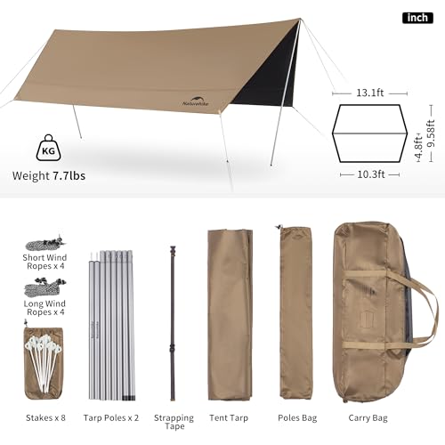 Naturehike Cloud Skies Camping Tent Tarp with Poles, Waterproof PU 18000mm+ Rain Shelter, Anti-UV UPF2000+ Camping Sun Shelter Canopy