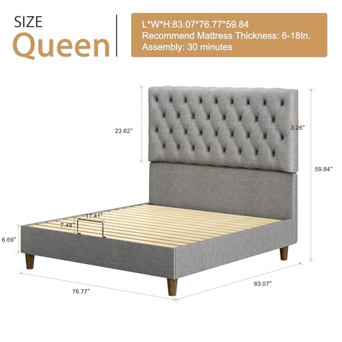 Algglobuy Queen Upholstered Bed Frame with 52.75" Tall Headboard, Platform Queen Bed with Deep Button Tufted, Solid Wood Slats Support, No Box Spring Needed, Noise-Free, Grey