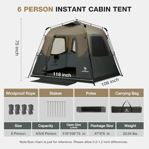 CAMEL CROWN Instant Tents for Camping 4-6 Person Tent Waterproof Easy Setup Sets Up in 60 Seconds Backpacking Tents with C...