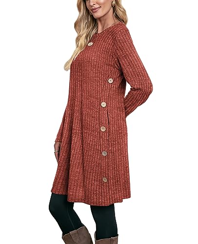 OFEEFAN Fall and Winter Tunic Dress with Pockets Long Sleeve Crew Neck Buttons Side