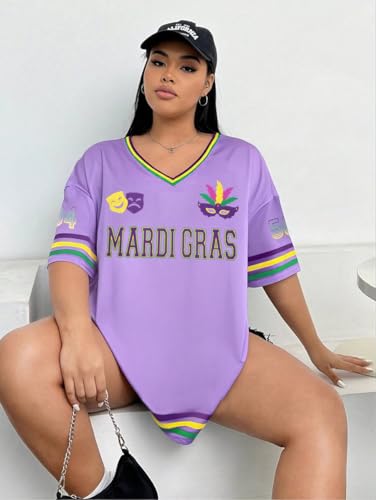 NANYUAYA Women's Plus Size Mardi Gras Oversized Shirt Fat Tuesday Carnival Top V Neck Festival Short Sleeve Party Tee