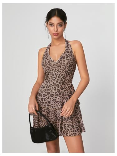 WDIRARA Women's Y2k Leopard Print Halter Dress Tie Backless Layered Ruffle Hem Mini Dresses Cheetah Mesh Dress