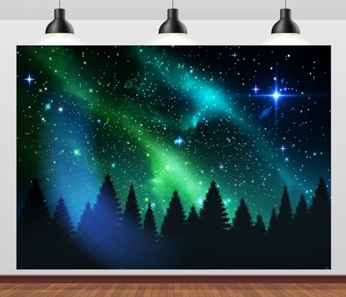 CORFOTO Fabric 7x5ft Northern Lights Photo Backdrop Norwegian Pine Trees Aurora Borealis Backgrounds Starry Stars Norway P...