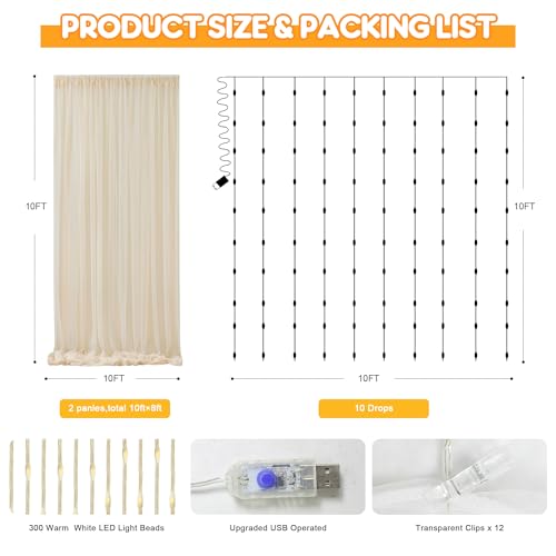 Fomcet Champagne Backdrop Curtains with Lights String 10X10FT Polyester Fabric & Tulle Curtains Backdrop Drapes for Back D...