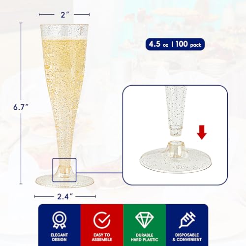JOLLY CHEF 100 Pack Plastic Champagne Flutes Disposable 4.5 oz Gold Glitter Plastic Champagne Glasses for Wedding, Thanksg...