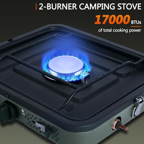 Julymoda 2 Burner Propane Camping Stove with Grill and Carrying Bag, Portable Folding Camp Stove with 17,000 BTU Adjustabl...