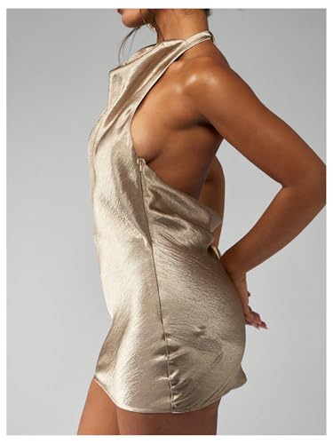 SweatyRocks Women's Metallic Backless Halter Dress Sleeveless Bodycon Club Party Mini Dresses