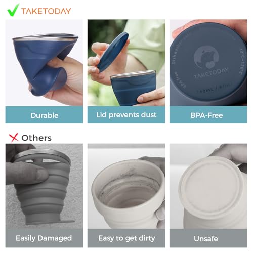 TakeToday Collapsible Travel Cup - Silicone Foldable Water Cup, BPA-Free with Lid & Waterproof Bag - Drinking Cup Set for ...