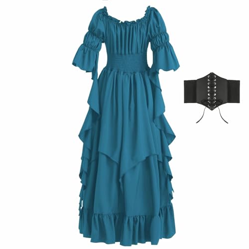 Renaissance Dress Women Gothic Witch Dress Medieval Ruffle Victorian High Low Dress Costume Set with Corset Belt