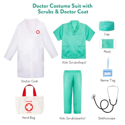 Meland Doctor Costume for Girls - Kids Scrubs with Lab Coat & Carry Bag, Doctor Dress Up for Halloween, Career Day Role Play
