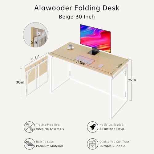 alawooder Folding Desk - 31.5" Wood Top Foldable Desk for Small Spaces | No Assembly Required Compact Desk for Home Offic...