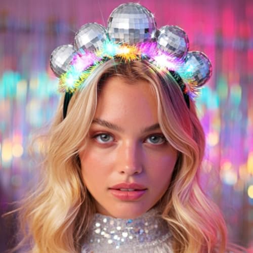 CAKURE Light Up Disco Ball Headband Silver 70s Led Hair Band Holiday New Year Eve Hair Accessories for Women