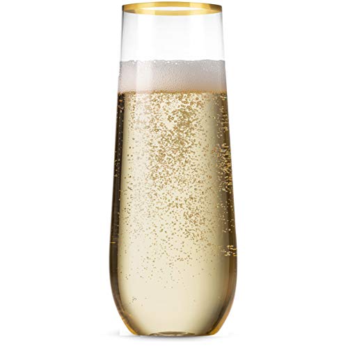 Munfix 48 Pack Stemless Plastic Champagne Flutes Disposable 9 Oz Gold Rim Clear Plastic Toasting Glasses Shatterproof Recy...