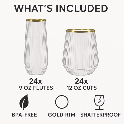 48 Pack Ribbed Origami Ripple Plastic Glasses, 24 9 Ounce Stemless Champagne Flutes & 24 12 Ounce Cups, BPA-Free Disposabl...
