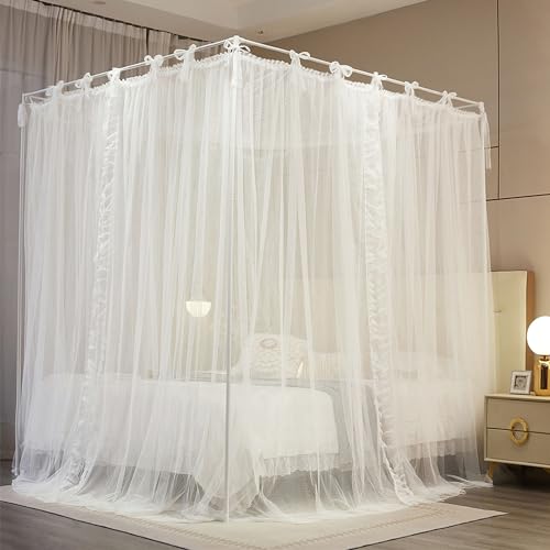 NXGIO 4 Corners Post Princess Curtain Bed Canopy Lace Up Double Layer 4 Opening Mosquito Net Mesh for Girls Bedroom Decora...