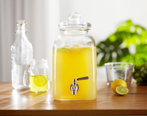 Kook Glass Drink Dispenser, with Leak-Proof Stainless Steel Spigot and Customizable Label Tag, Clear Mason Jar, Beverage S...