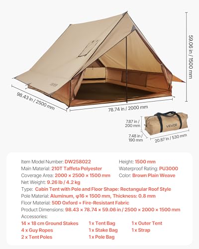 VEVOR Hot Tent, Camping Tipi Hot Tents with Stove Jack, Portable Winter Camping Tents with Snow Skirt, Easy Setup, Waterpr...
