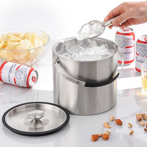 3.2L Double Wall Stainless Steel Ice Bucket with Lid,Scoop, Updated Insulated Ice Bucket for Cocktail Bar and Parties