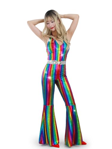 Nawgut Disco Outfit 70s 80s Prom Sparkle Flare Jumpsuit Party Costume Halloween Cosplay For Adult Women