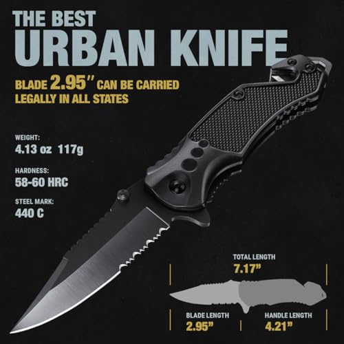 GOOD WORKER Legal Pocket Knife with 2.95” Serrated Blade, Glass Breaker, Seat Belt Cutter - EDC Sharp Folding Knives with ...