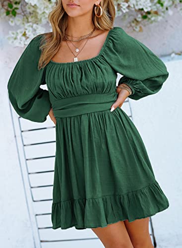 Dokotoo Womens Dress Long Lantern Sleeve Square Neck Tie Backless Sexy Dress Ruffle Elastic Waist A-Line Mini Dress