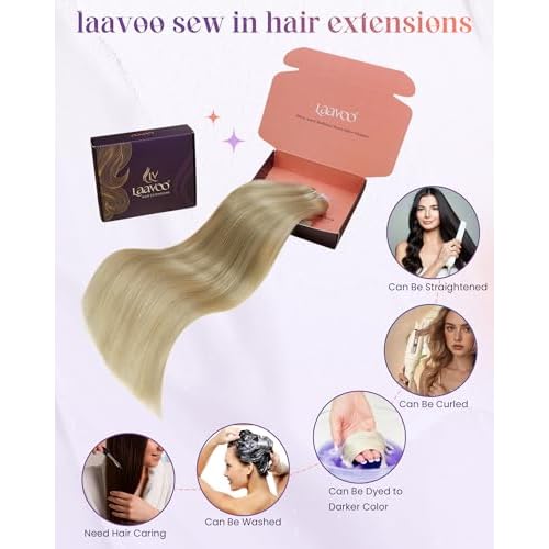 LaaVoo Weft Hair Extensions Human Hair 20 Inch Sew in Hair Extensions Gloden Brown Highlights Light Blonde Hair Human Hair Weft Extensions Long Straight 100g
