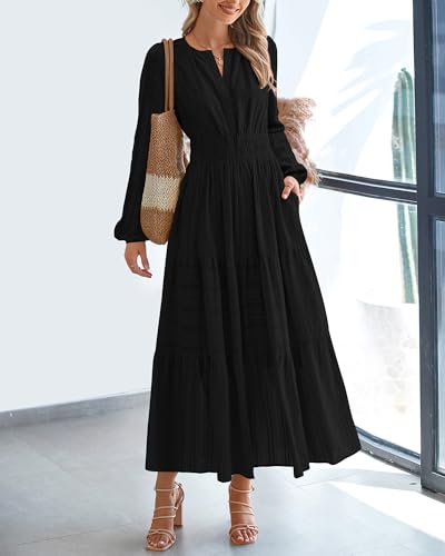 BTFBM Fall Dresses for Women 2026 Casual Long Sleeve V Neck Elastic Waist Lightweight Maxi Wedding Guest Dress Pockets