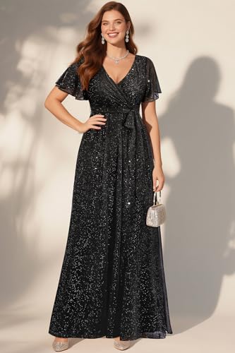 Pinup Fashion Formal Gowns and Evening Dresses - Glitter Prom V Neck Flutter Sleeve A-line Long Dress with Belt
