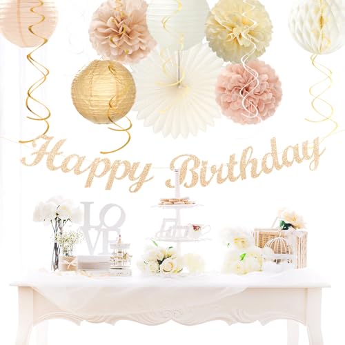 Champagne-Gold Beige Fall Boho Birthday Party-Decorations - 21pcs Autumn Neutral Retro Happy Banner,Girl One Sweet Peach P...