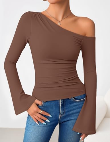 ZESICA Women's Off Shoulder Tops Bell Long Sleeve Shirts 2026 Spring Trendy Going Out Ruched Tight Fitted Y2K Clothes