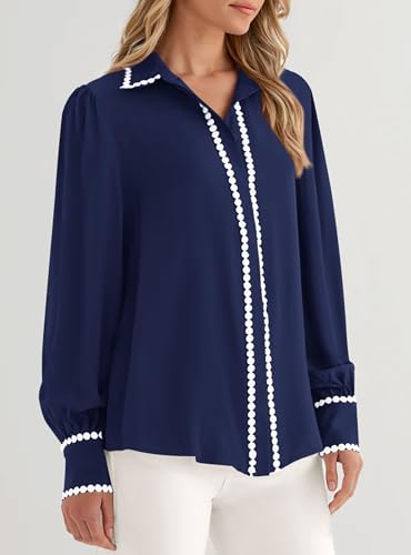 PRETTYGARDEN Womens Long Sleeve Button Down Shirts 2026 Trendy V Neck Loose Fit Fall Tops Collared Dressy Casual Blouses