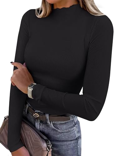 ANRABESS Women's Lettuce Trim Mock Neck Long Sleeve Tops 2025 Casual Dressy Ribbed Knit Slim Fit Tee Shirt Fall Layer Outfits