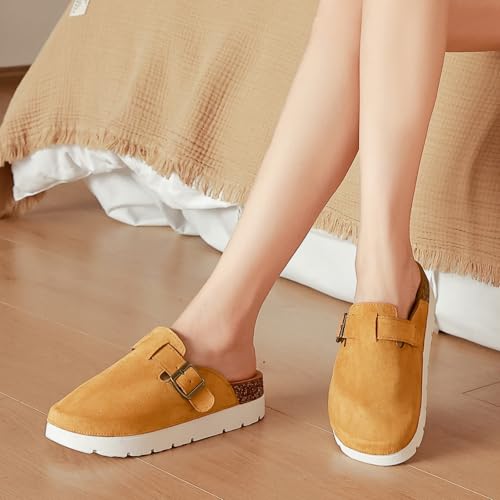 youermei Leather Platform Clogs for Women with Cork Footbed,Comfort Memory Foam Chunky Mules with Arch Support Womens Slip...
