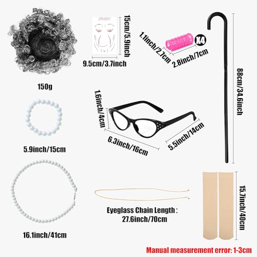 VICAMB 13PCS 100 Days of School Costume Girls Old Lady Costume Kids Grandma Dress Granny Costume Outfit