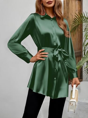 Zeagoo Women's Stain Long Sleeve Dress Button Down Shirts Tunic Dresses Casual V-Neck Mini Dress with Belt