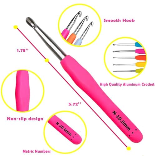 Yarniss Crochet Hooks,14 Size Crochet Set 2mm(B)-10mm(N), Ergonomic Crochet Hooks Set with Case for Beginner,Long Crochet ...