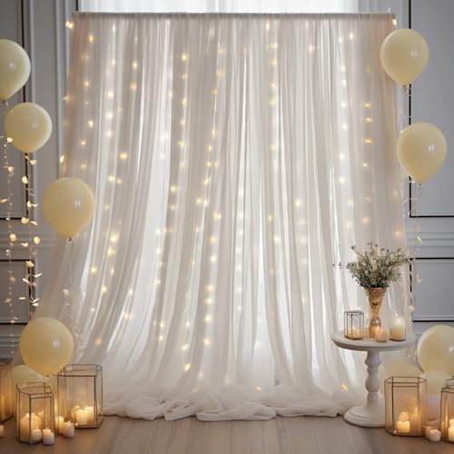 10ft x 10ft Cream White Chiffon Backdrop Curtain with Lights String for Parites Wedding Wrinkle Free Curtain Photo Backdro...