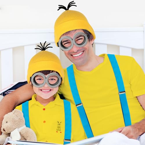 CONGRU 4 Pcs Halloween Costume Accessories Adults-Yellow Beanie Hat/Goggles/Gloves/Suspenders for Halloween Dress Up