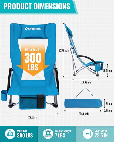 KingCamp Low Beach Chairs, Folding Portable Chair for Adults Lightweight Extra Wide Seat 300lbs Heavy Duty Oversized Backp...