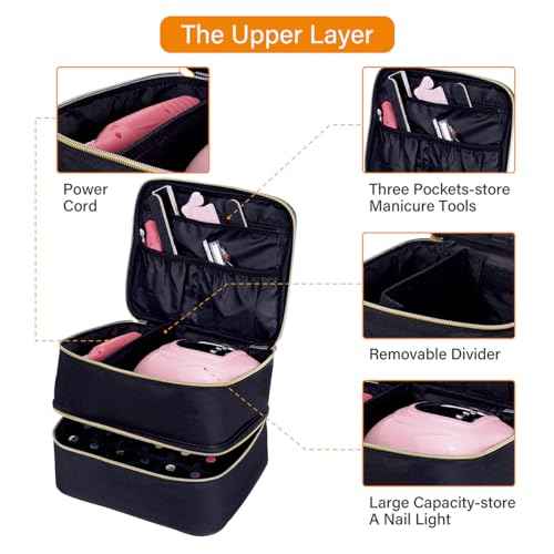 Nail Polish Organizer, Handheld Double Layer Organizer Holds 30 Bottles (15 ml/0.5 floz) with Adjustable Dividers for Nail Polish Small Manicure Lamp Manicure Tools Essential and Travel,Black