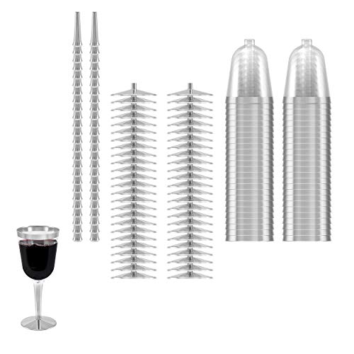 BloominGoods 50 Silver Rimmed Disposable Plastic Wine Glasses | Large 10 oz. Premium Clear Hard Plastic Fancy Wine Cups fo...