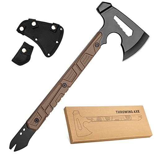 17.5in Full Tang Camping Axe Tomahawk with Nylon Sheath, Tactical and Survival Hatchet with Hammer for Axe Throwing, Outdo...