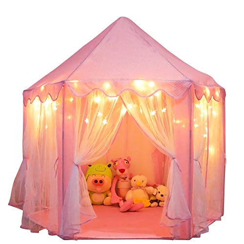 ORIAN Princess Castle Play Tent for Girls, LED Star Lights, Indoor & Outdoor Playhouse, Polyester, Pink, 55" x 53", Toddle...