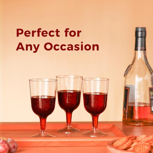 TENYASEN 30 Pack 6oz Plastic Wine Glasses – Disposable Gold Glitter Mini Stemware with Removable Base for Weddings, Partie...