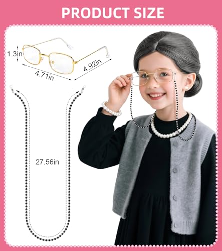 EVAFESNS 100 Days of School Old Lady Grandma Costume Accessories Set with Wig, Glasses, Cane & Faux Pearl Set