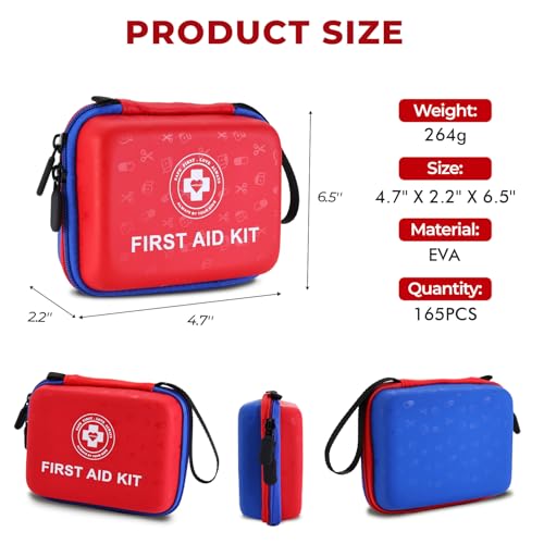 Small First Aid Kit - 165 Piece Dual-Color Emergency Medical Kit with Hard Shell & Fluorescent Exterior Coating, Emergency...
